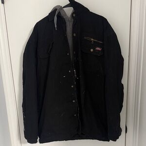 Dickies men's canvas shirt jacket with a fleece chest liner and hood